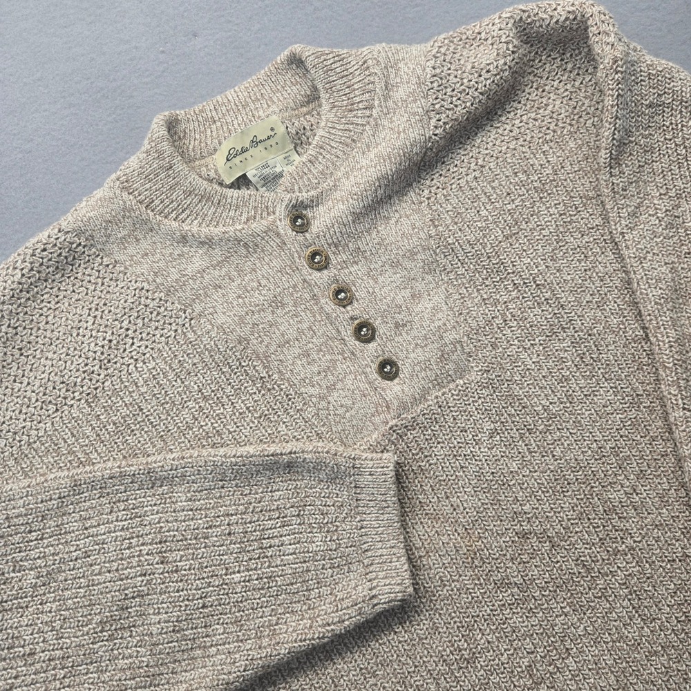 Eddie‎ Bauer Mens XL Henley Sweater Oatmeal Marl Knit Cotton Chunky USA Vintage